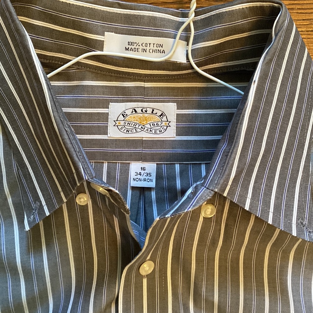Dress shirt eagle brand 16 neck 34-35 sleeves grey with blue and white stripes